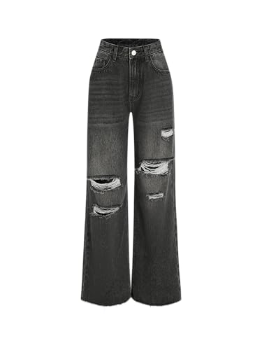 CIDER Women’s Ripped Jeans High Waisted Distressed Baggy Straight Wide Leg Pants: Carbon, M