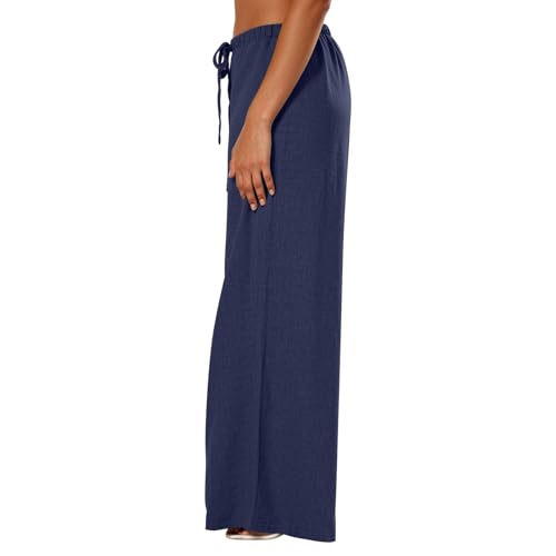 Wide Leg Linen Pants for Women Casual Summer Flowy Palazzo Pants Drawstring Loose Fit Yoga Beach Pant with Pockets4