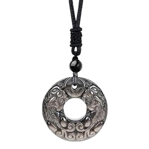weryerker Handmade Natural Gemstone Pixiu Pi Yao Pendant Necklace, Carved Amulet Necklace for Wealth Luck for Women Men (Silvery Obsidian)