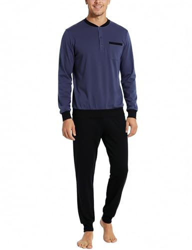 Bresdk Schlafanzug Herren Lang Baumwolle Winter mit Knöpfen Lange Schlafanzughose Blau Schwarz L