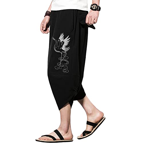 DOSLAVIDA Men's Linen Harem Capri Pants Lightweight Elastic Waist Wide Leg Cropped Trousers Casual Loose Beach Capris3