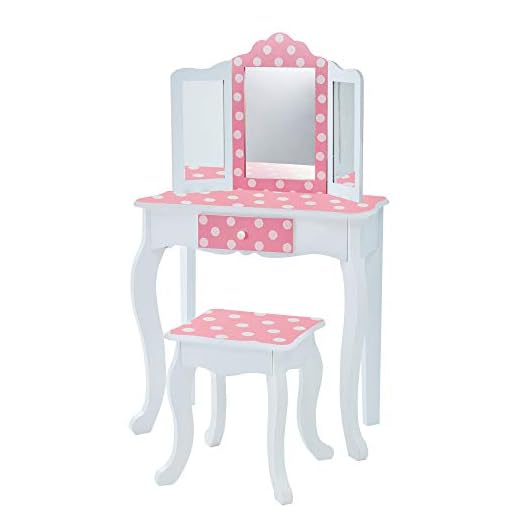 Teamson Kids Pretend Play Kids Vanity Table and Chair Vanity Set with Mirror Makeup Dressing Table with Drawer Fashion Polka Dot Prints Gisele Play Vanity Set Pink White