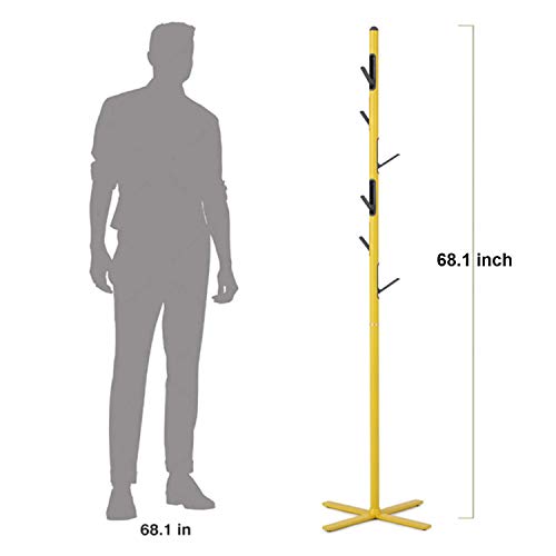 Lehom Modern Metal Coat Rack Free Standing with 6 Hooks 68\'\' Coat Tree in Corner Hat Hanger Flapper Coat Rack Stand for Clothes Handbags Umbrella Yellow