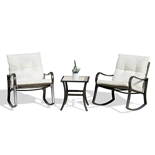 Domi Outdoor Living 3 Pieces Bistro Set Outdoor Rocking Chairs All Weather Patio Wicker Furniture Set With Thickened Cushion And Glass Top Coffee Table For Yard,Bistro cover