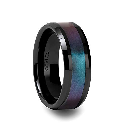 Bague en céramique noire homme pour un style au quotidien biseautée bleu-violet