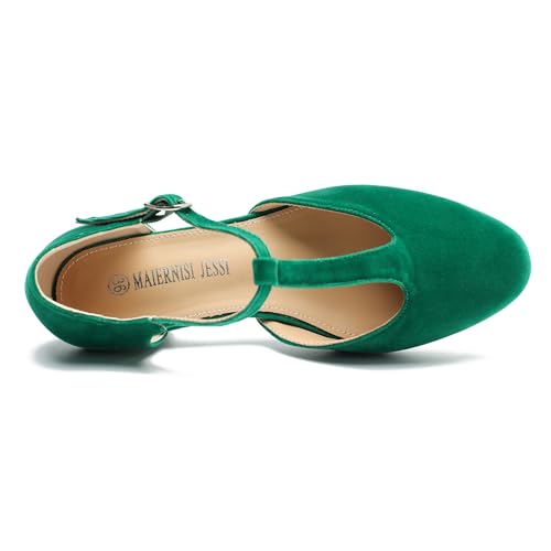 Image of MAIERNISI JESSI Women's T-Strap Mary Jane Pumps, Low Block Heel, Closed Toe, Buckle Ankle Strap