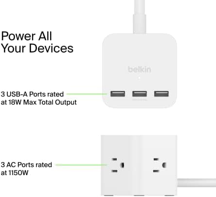 Miniatura 3 de Belkin Cubo de alimentación de 6 tomas con 3 salidas de CA, 3 puertos USB-A y cable de extensión resistente de 5 pies, práctico cubo compacto para
