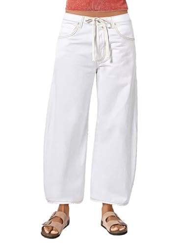 Flamingals Barrel Jeans for Women Trendy Mid Rise Stretchy Drawstring Cropped Jeans Boyfriend Casual Ankle Pants