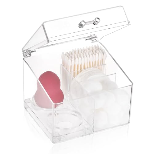 Tbestmax 4-Grid Qtip Holder, Clear Cotton Ball Swab Sponge Blender Organizer Bathroom Canister Makeup Pad Cosmetic Storage