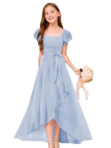 GATMAHE Chiffon Junior Bridesmaid Dresses for Girls Ruffle Sleeve V Neck A Line Flower Girls Dresses