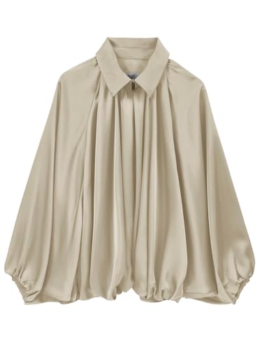 Womens Satin Puffed Bomber Jacket Oversized Batwing Sleeve Lapel Collar Pleated Zip Up Outerwear Shirts