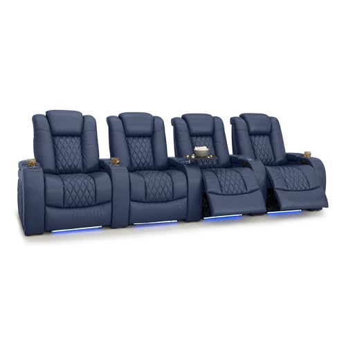 Image of Seatcraft Diamante Navy Blue Italian Leather Home Theater Seating, Zero Gravity Power Recliner, Gaming and Home Office Chair, Powered Headrest Furniture for Family Cinema Room, Row of 4