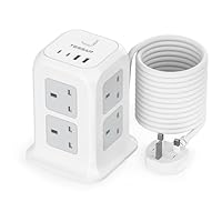 TESSAN Tower Extension Lead 10M with 4 USB Slots (2 USB C), 10 Metres Extension Lead 13A 3250W, 8 Way Multi Socket Power Strip with Switch, Multiplug Adaptor with 10M Cable for Home, Office, School