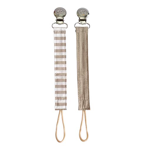 Image of Itzy Ritzy Linen Pacifier Clips; Fabric Pacifier Strap with Clip Keeps Pacifiers & Teethers in Place; Includes Universal Attachment Clip and Loop; 2-Pack of Tan and Tan Stripe