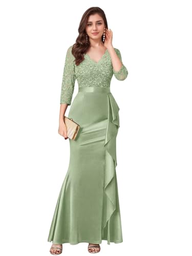 V-Neck Prom Dresses for Women Mermaid Long Sleeves Ruffle Lace Satin Formal Gown Evening Party Dresses with Slit