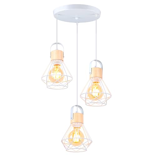 iDEGU 3 Luci Lampadario a Sospensione Vintage Industriale, Lampada da Soffitto in Legno e Metallo Bianco Gabbia Geometrica 16cm Retro Lampada a Sospensione Interni per Camera da Letto Cucina (Piatto)