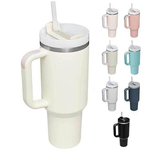 Image of 40Oz Stainless Steel Vacuum Insulated Tumbler with Straw and Lid & Handle,Travel Coffee Mugs Cups for Hot Drinks with Handle&Straw Insulated Water Bottle Iced Coffee Cup 1200ML (Cream)