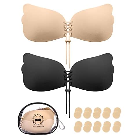 Nadeer Sujetador Adhesivo sin Tirantes Push Up Sticky Bra Invisible Nipple Covers Backless Silicone Sostén Cómodo Reutilizable (Negro+Piel,A) Cover