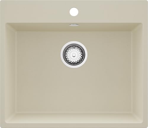 PRIMAGRAN Evier Cuisine en Granit Beige 58x50cm, Lavabo 1 bac + Kit de Vidage, Évier à Encastrer al mueble 60cm - Riga S310