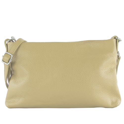 Modamoda de T258 – Sac à main en cuir pour femme à bandoulière avec pochette cosmétique fabriqué à la main en Italie, Crème/beige, Medium