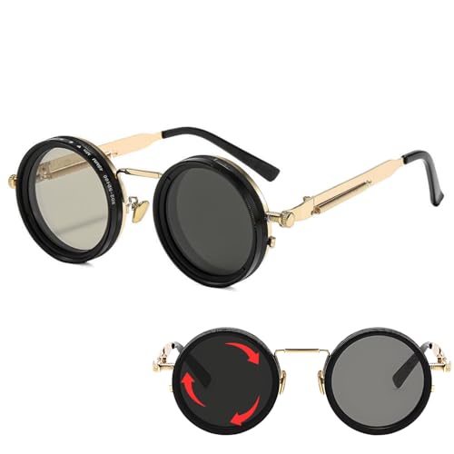 Image of Adjustable Tint Rotating Polarized Round Sunglasses for Men Stylish, Anti Glare Lenses 1-11 Gear UV400 Protection Metal Goggles for Driving Beach Retro Branded Sun Glasses