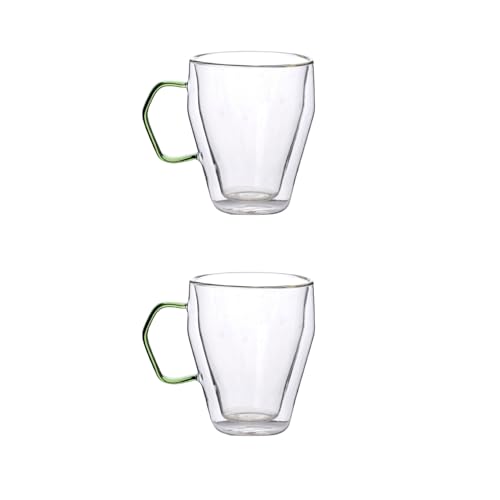 Image of Nestasia Double Wall Borosilicate Glass Mugs Set of 2 (250ml Each) - Microwave & Dishwasher Safe Transparent Glass Tea Cups with Green Handles | Food Safe & Durable Coffee Mugs - Ideal for Gifting