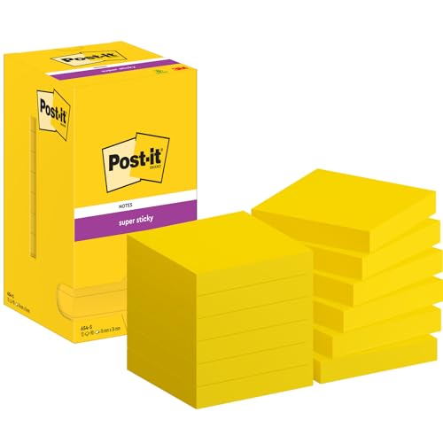 Post-it Super Sticky Notes, 1080 Sheets, Value Pack of 12 Pads, 76 mm x 76 mm - Holds Strong to Many Surfaces - Yellow - for Walls, Monitors and Fridge, Recycable