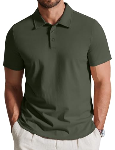 Coofandy Polo de Golf à Manches Courtes en Coton pour Homme 3 Boutons, Vert Profond, Taille XL