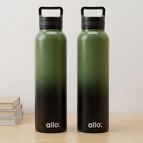 Image of Allo Stainless Steel Water Bottle For Adults, Kids 950ml Water Bottles For School, Office, Sports, Gym 950ml Water Bottle For Men And Women, Pack Of 2| Leak Proof, Bpa Free, Olive GR & BL