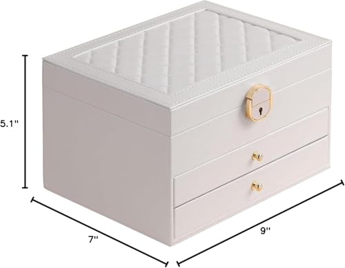 Image of Jewelry Box For Women Girl Wife 3 Layers Large Pu Leather Jewelry Organizer Storage Case With Two Drawers Display For Earrings Bracelets Rings Watches Design Jewelry Box, Jewelry Organizer (White)