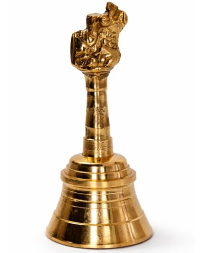 Image of 5- Inch Brass Bell for Pooja Room with Nandi Motif - Handcrafted Solid Brass Ghanti for Pooja, Aarti & Meditation - Premium Spiritual Temple Bell - Durable, Polished Finish