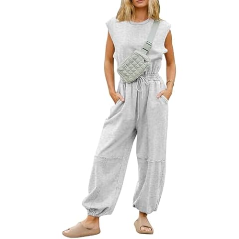 Kissonic Women Casual Jumpsuit Summer Sleeveless Drawstring Romper Cute One Piece Outfits Workout Lounge Jumpsuits with Pockets(LightGrey-S) Cover