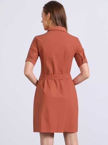 Image of Allegra K Women's Safari Dress Collared Short Sleeve Cotton Belted Button Down Shirt Dresses