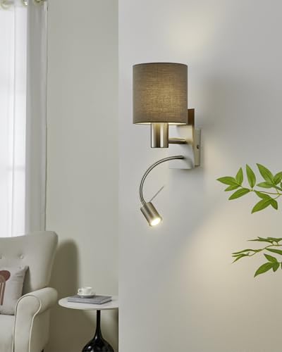 Eglo Aplique de pared textil moderno lampara de noche LED gris para pasillo 2