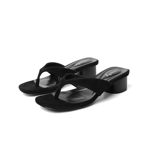 Image of vivianly Women's Suede Low Chunky Block Heel Flip Flops Square Toe Thong Heeled Sandals Casual Slip On Mules for Work Beach Casual Outings