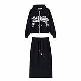 YUSHE Women Printed Zip Up Hoodie Midi Skirt Set Bold Text Comfort Fabric Casual Outings Home Relaxation Daily Wear
