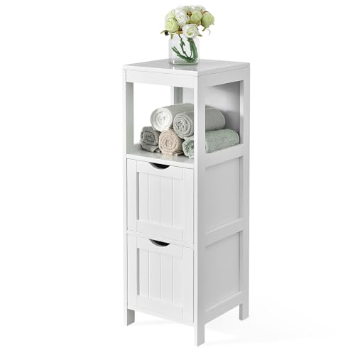 COSTWAY Badschrank schmal, Badezimmerschrank mit 2 Schubladen & offenem...
