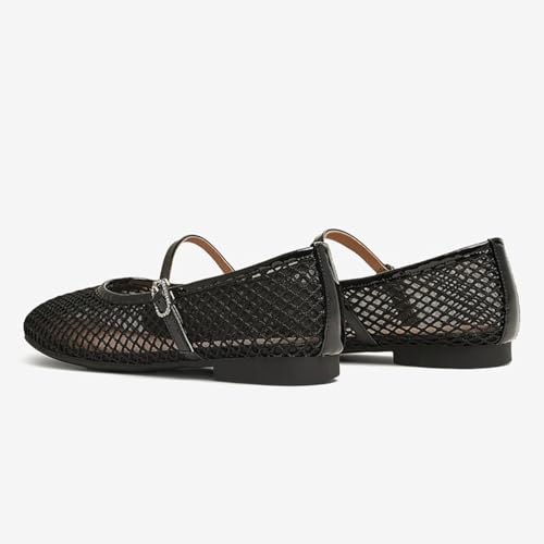 Tang'scuisins Women Square Toe Mesh Mary Janes Buckle Strappy Chunky Heeled Flats Comfortable Daily Dress Shoes Size 4-16 US3
