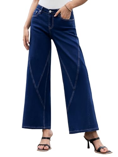 ONESO Womens Wide Leg Jeans Low Waist Seamed Strechy Baggy Jeans for Women Trendy Loose Fit Boyfriend Trouser Denim Pants