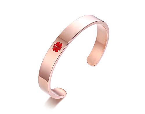 PJ Jewelry Free Custom Engraving Stainless Steel Emergency Medical Alert Open Cuff Identification ID Bangle Bracelets for Men Women,Rose Gold