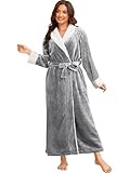 Hellomamma Women's Fleece Robes, Long Winter Warm Soft Plush Bathrobes for Women, Fluffy Comfy House Coat Light Gray Large