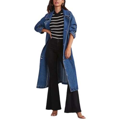 Women's Denim Trench Coat Double Breasted Over Knee Lapel Jean Jacket2