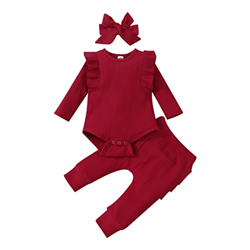 Image of vivifayee Infant Newborn Baby Girl Clothes Outfits Ruffled Long Sleeve Romper Pants Set Headband Toddler Clothing 3Pcs