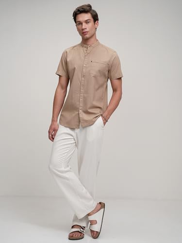 Image of Highlander Men's Casual Shirt | Solid | Slim Fit | Short Sleeves | Versatile Beige Hue a Sleek Look