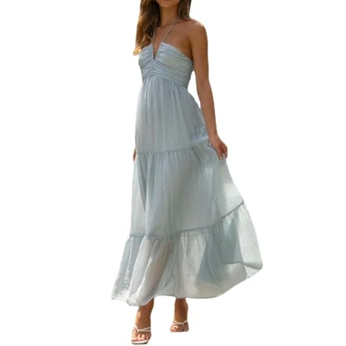 Robe en mousseline d'été sans manches à plusieurs niveaux bleu M