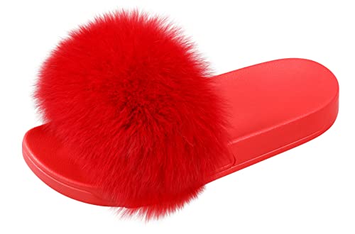 DAYISS Women Fox Fur Slippers Summer Colorful Feather Open Toe Slip On Sandals