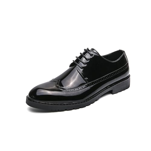 Mens Shiny Leather Brogue Wingtip Classic Round-Toe Dress Oxford Shoes Low Top Lace Up Slip-On Soft Sole Modern Business Formal Derby Shoes for Daily Work Office Party