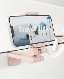 MiiKARE Travel Essentials Airplane Phone Holder, Universal Handsfree Phone Mount for Flying with 360 Degree Rotation, Travel Must Haves Phone Stand for Desk, Tray Table, Pink