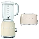 Smeg Blf01Creu - Batidora De Vaso 16,3 X 19,7 X 39,7 Cm, 1,5 Litros (Vidrio, Acero Inoxidable, Corriente Alterna) + Tostador Tsf01Creu, 950 W, Acero Inoxidable, 2 Ranuras, Crema