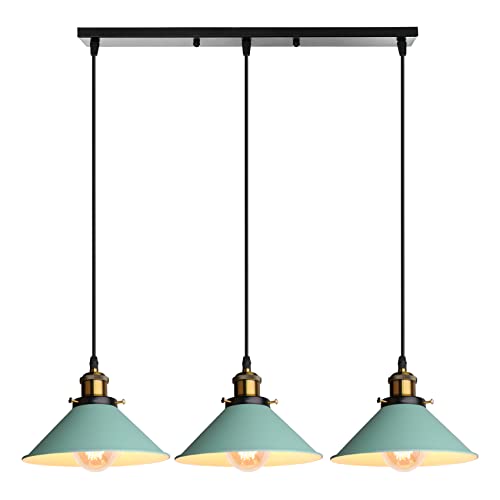 iDEGU 3 Luces Lámpara Colgante Vintage Lámpara de Techo Industrial Pantalla de Lámpara 22CM Diseño Retro Metal E27 Iluminación Colgante para para Comedor Cocina Salón Bar (Verde)